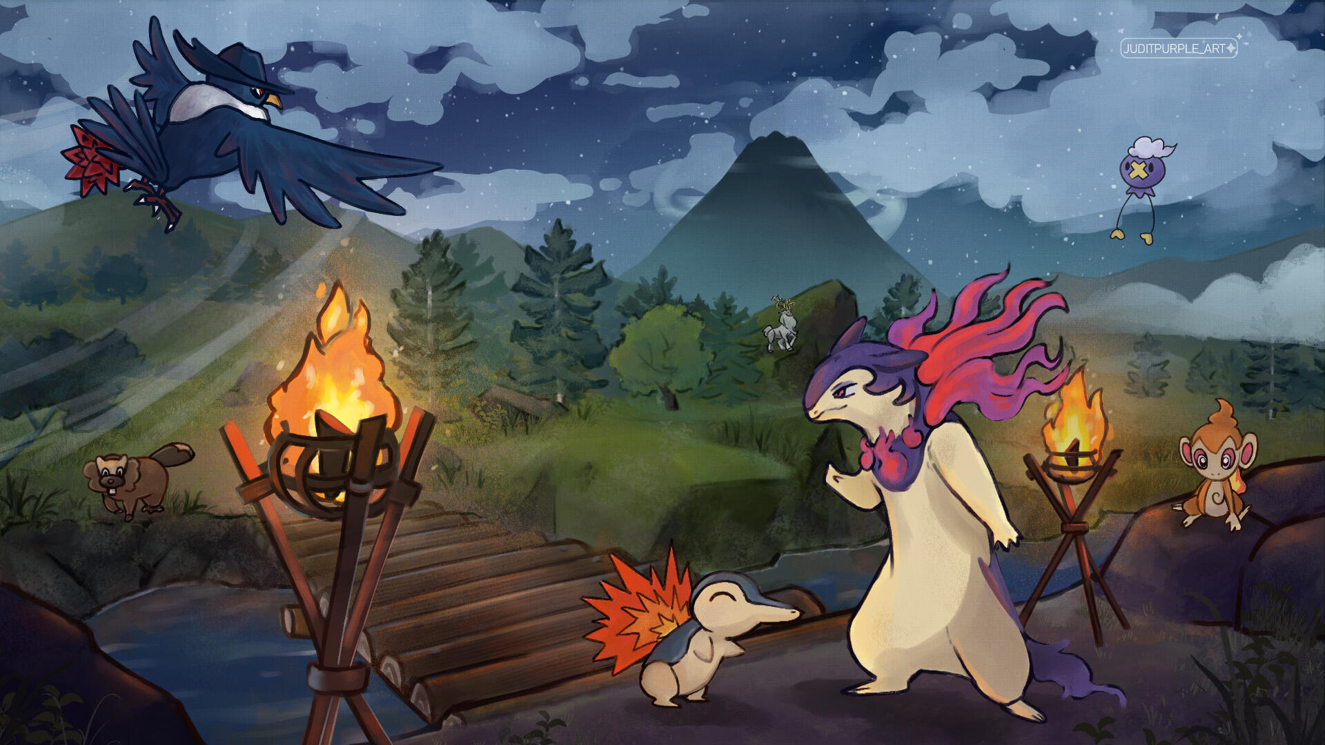 Night campfire - illustration